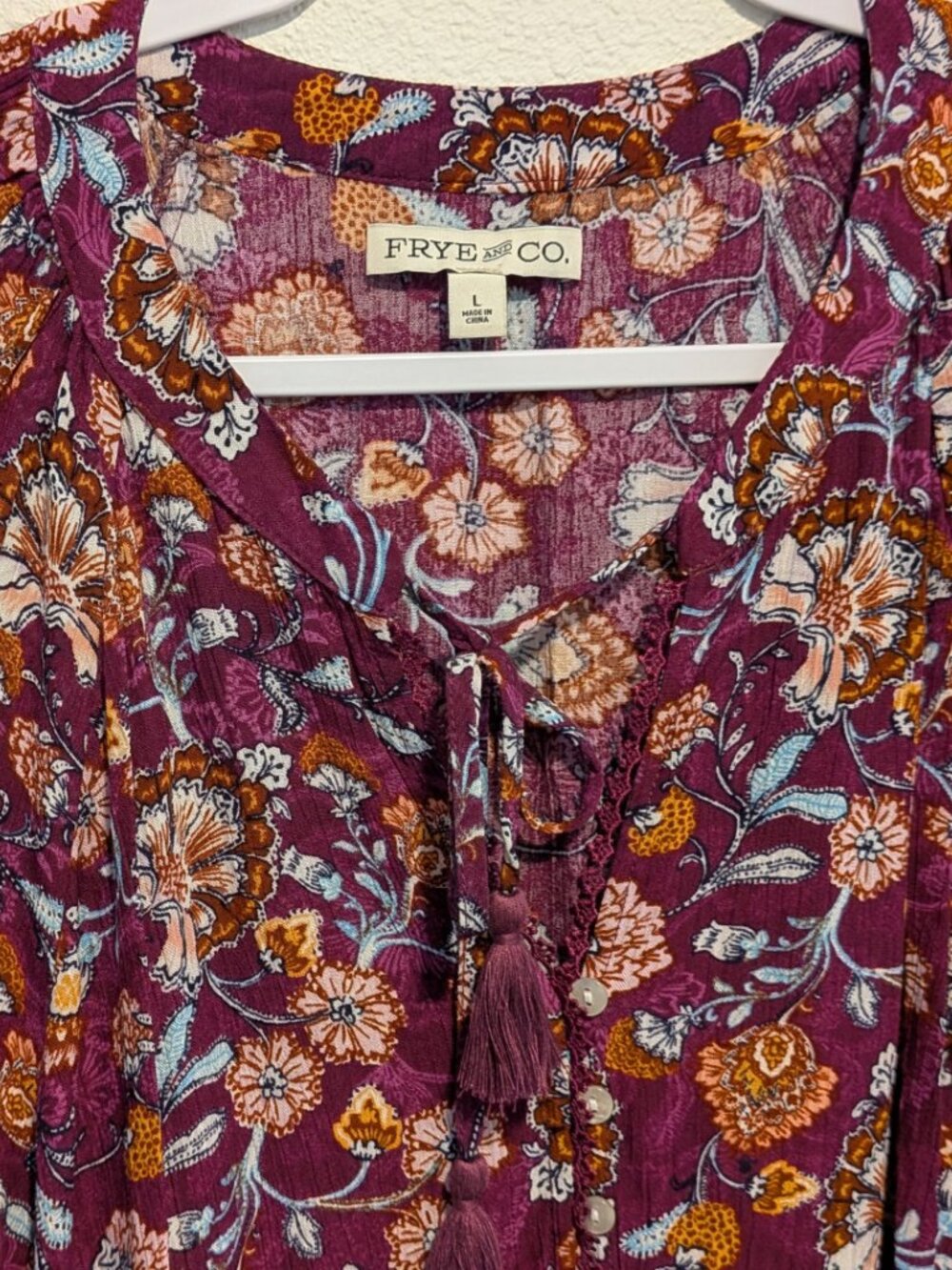 Frye & Co Large Floral Maroon Button Tie Neck Long Sleeve BOHO Midi Dress